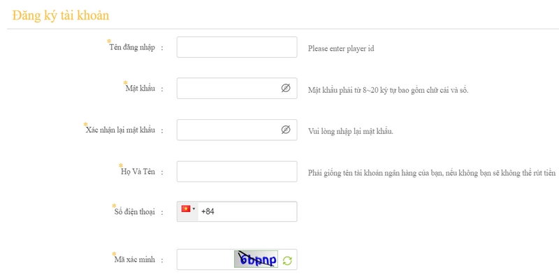 Điền đầy đủ các thông tin theo yêu cầu khi thực hiện đăng ký Mybet88